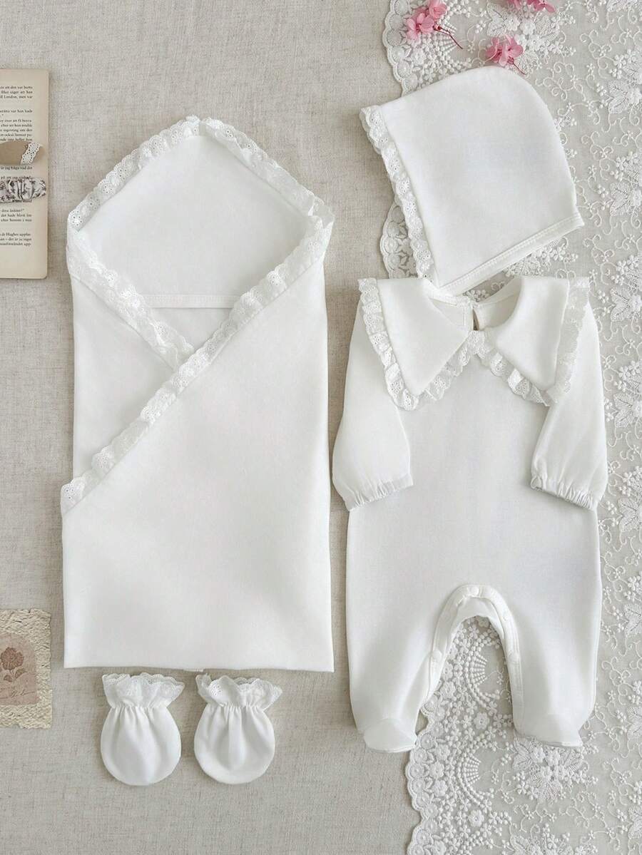 4pcs Baby Girls Lace-Trim Footed Sleepsuit Gift Set - Ivory | 21 Ce...