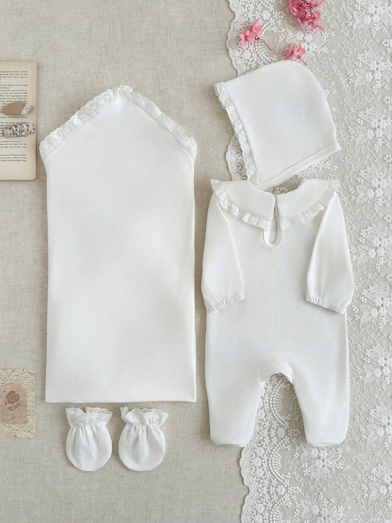 4pcs Baby Girls Lace-Trim Footed Sleepsuit Gift Set - Ivory | 21 Ce...