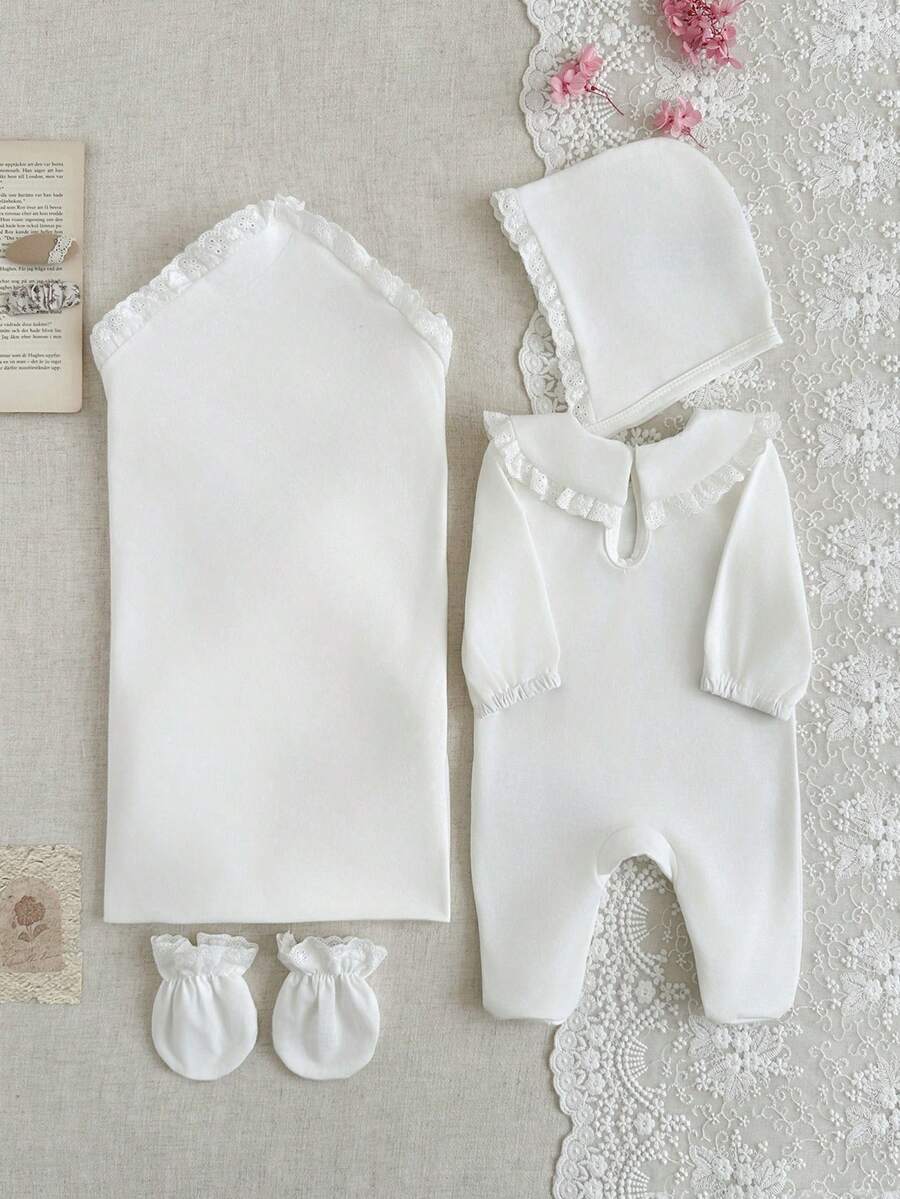 4pcs Baby Girls Lace-Trim Footed Sleepsuit Gift Set - Ivory | 21 Ce...