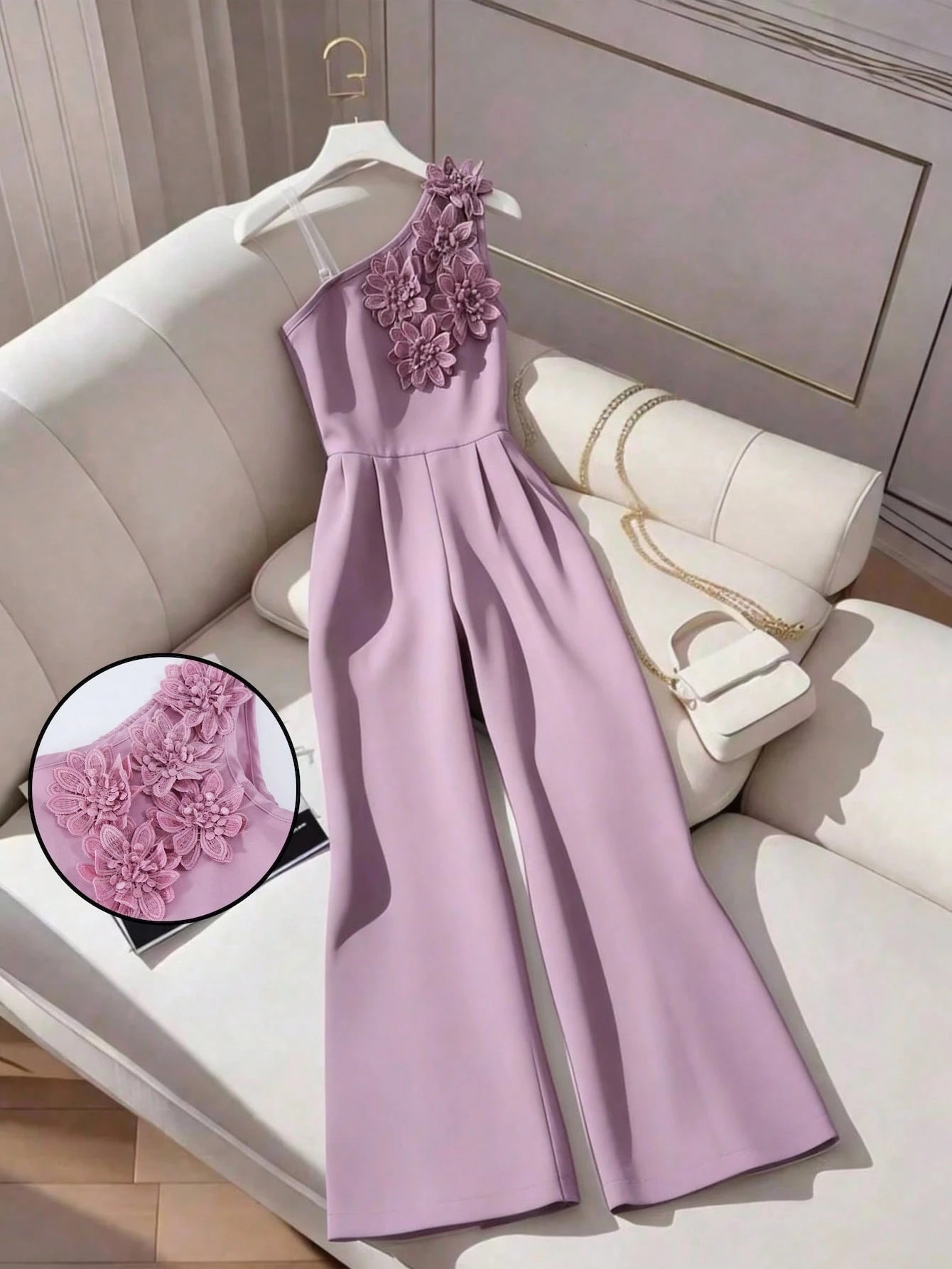 Big Girls 3D Floral Appliqué One-Shoulder Wide-Leg Jumpsuit - Mauve...