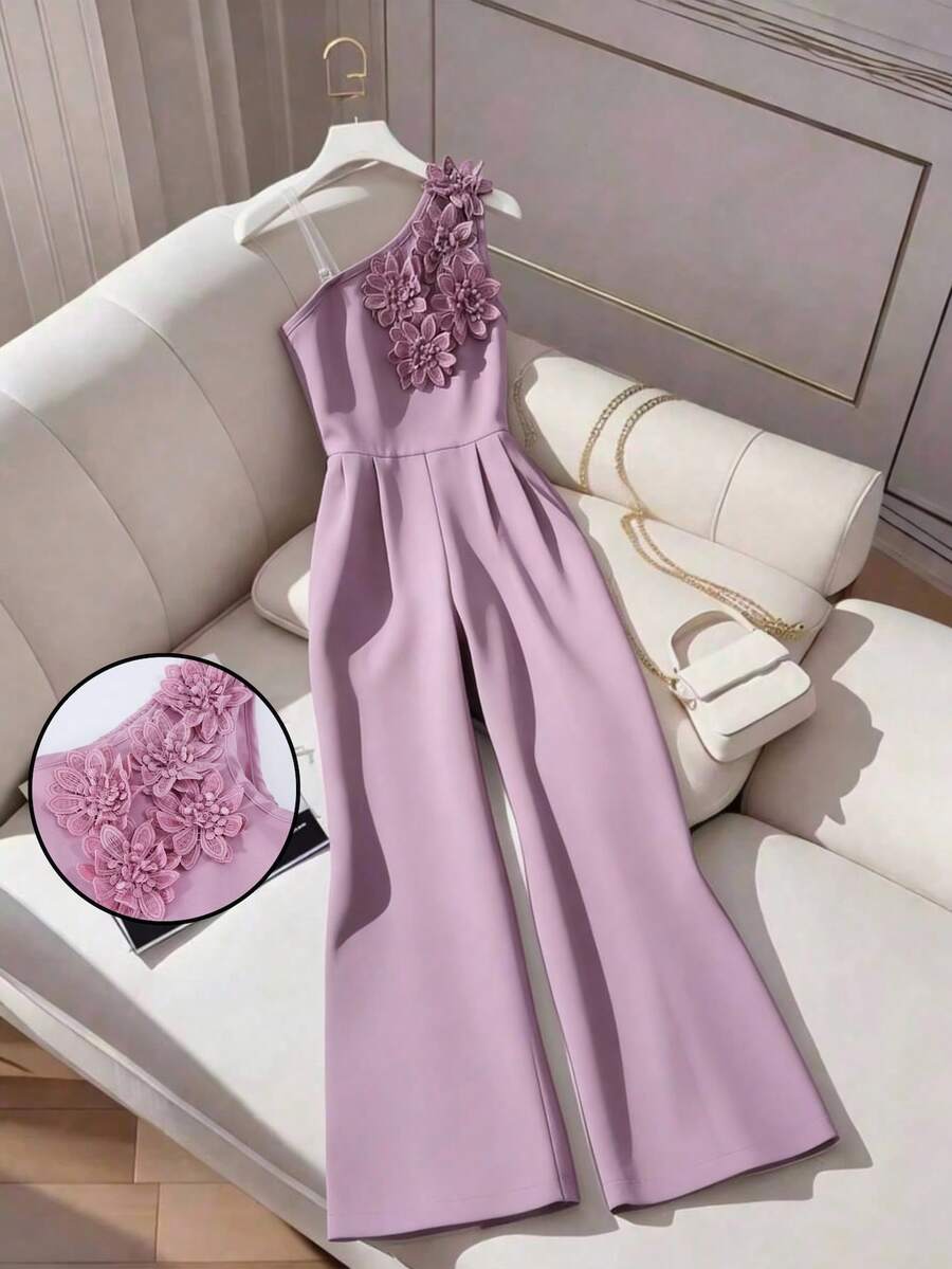 Big Girls 3D Floral Appliqué One-Shoulder Wide-Leg Jumpsuit - Mauve...