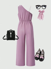 Big Girls 3D Floral Appliqué One-Shoulder Wide-Leg Jumpsuit - Mauve...
