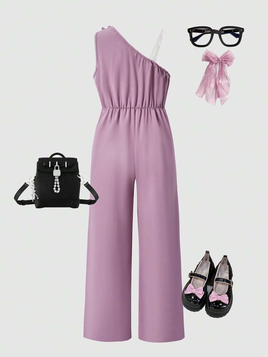 Big Girls 3D Floral Appliqué One-Shoulder Wide-Leg Jumpsuit - Mauve...