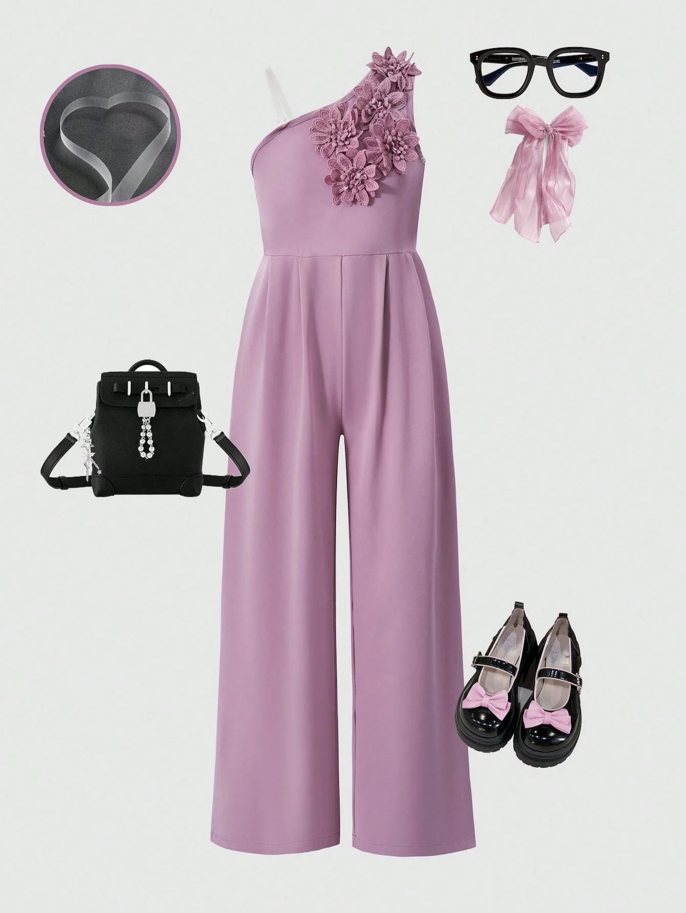 Big Girls 3D Floral Appliqué One-Shoulder Wide-Leg Jumpsuit - Mauve...