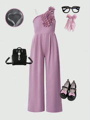 Big Girls 3D Floral Appliqué One-Shoulder Wide-Leg Jumpsuit - Mauve...