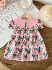 Girls Tulip Print Bow Collar Puff Sleeve Dress - Periwinkle | 21 Ce...