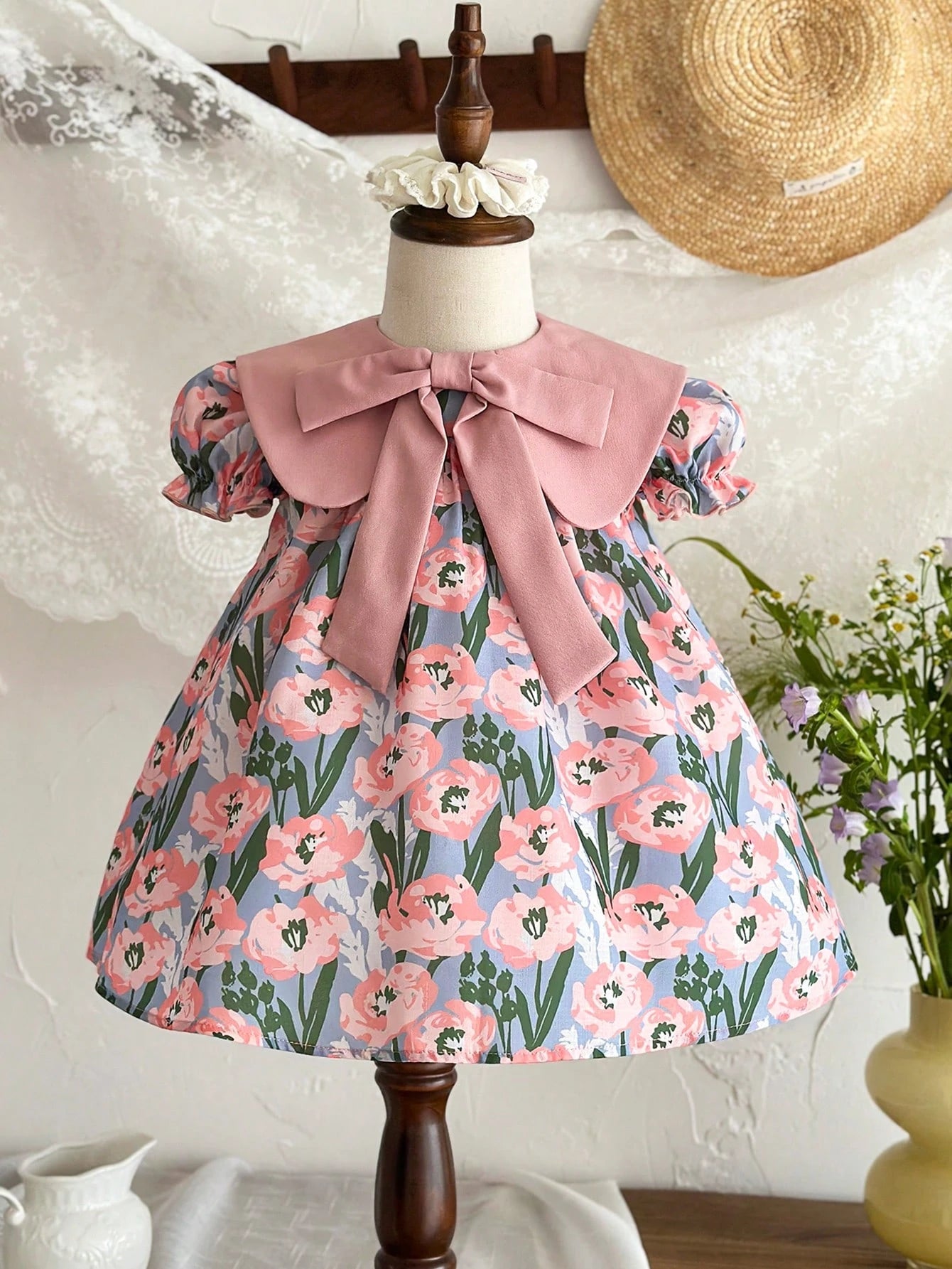 Girls Tulip Print Bow Collar Puff Sleeve Dress - Periwinkle | 21 Ce...