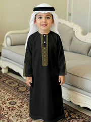 Boys Gold Embroidered Thobe Arabic Robe - Onyx