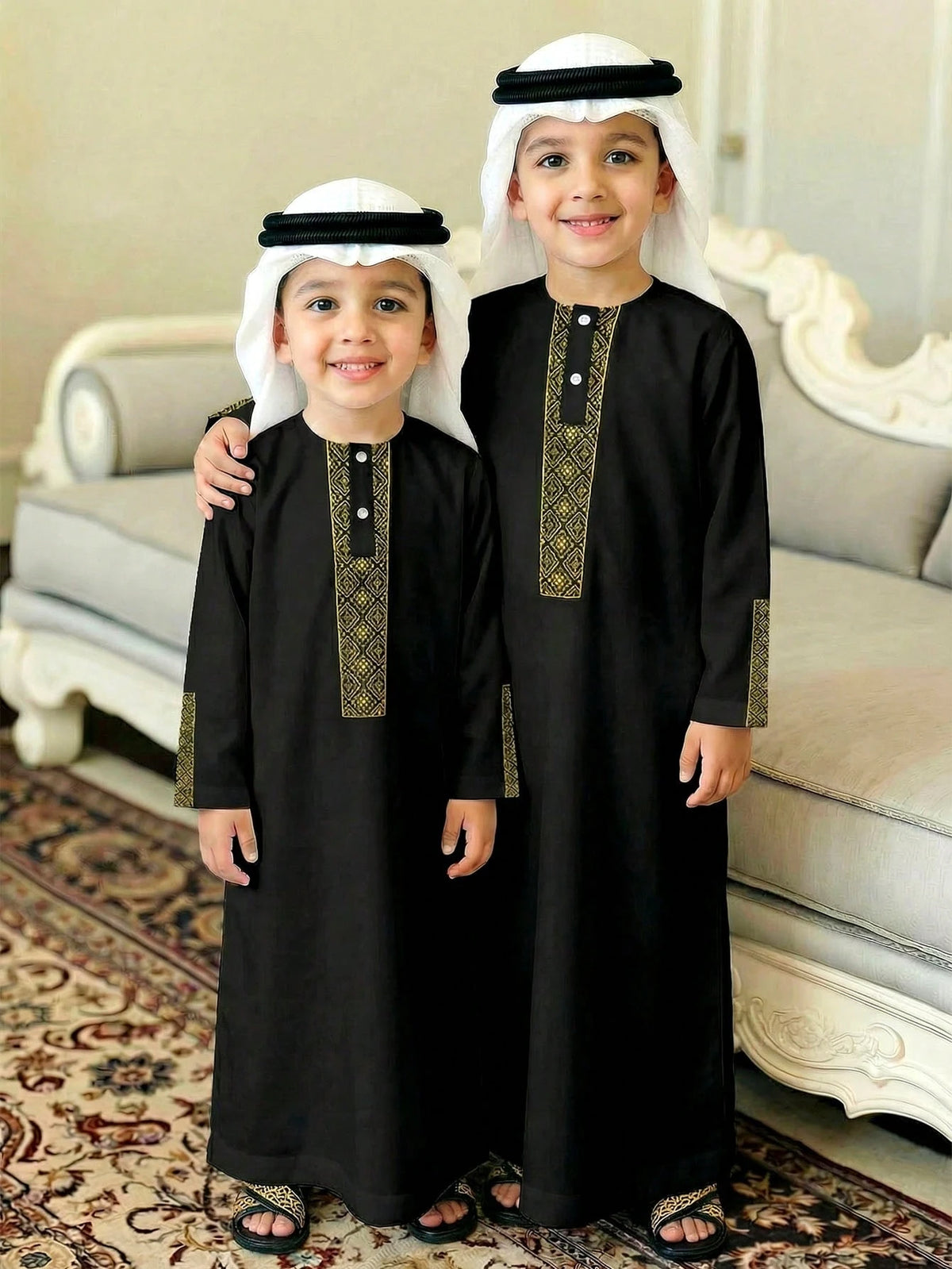 Boys Gold Embroidered Thobe Arabic Robe - Onyx