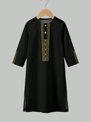 Boys Gold Embroidered Thobe Arabic Robe - Onyx