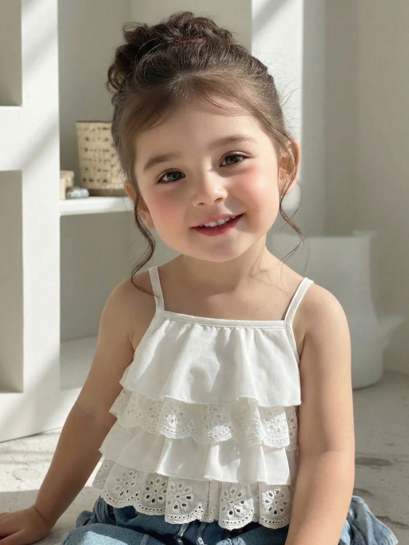 2pcs Girls Tiered Eyelet Lace Camisole & Stripe Shorts Set - Ivory ...