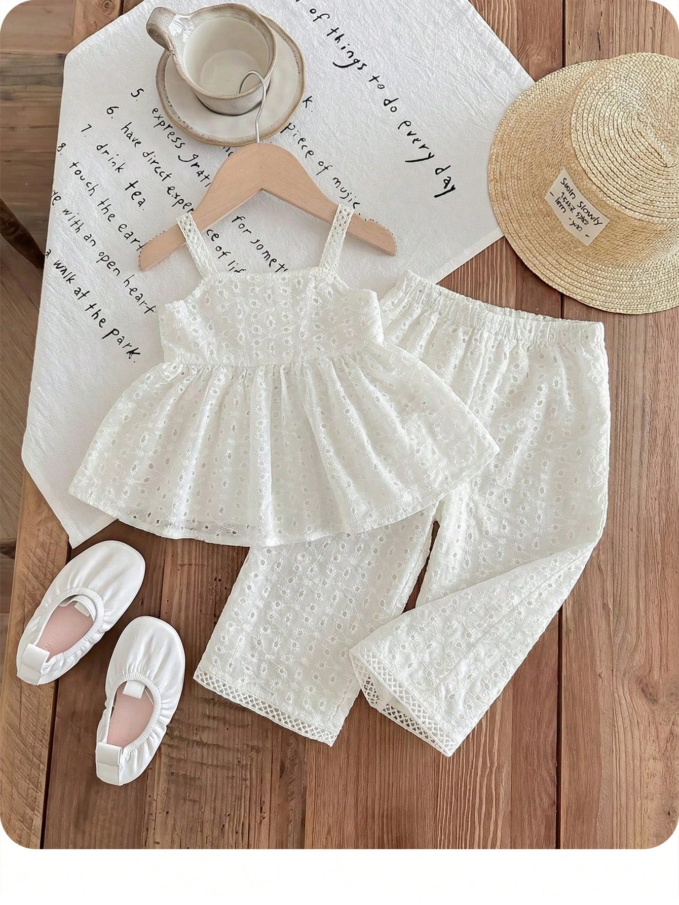 2pcs Girls Daisy Eyelet Cami Top & Wide-Leg Pants Set - Ivory | 21 ...