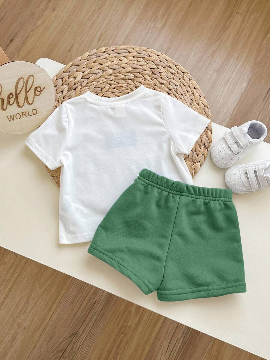 2pcs Boys Graphic Tee & Drawstring Shorts Set - Sage
