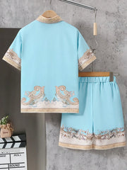 2pcs Big Boys Baroque Print Shirt & Shorts Set - Aqua | 21 Century ...