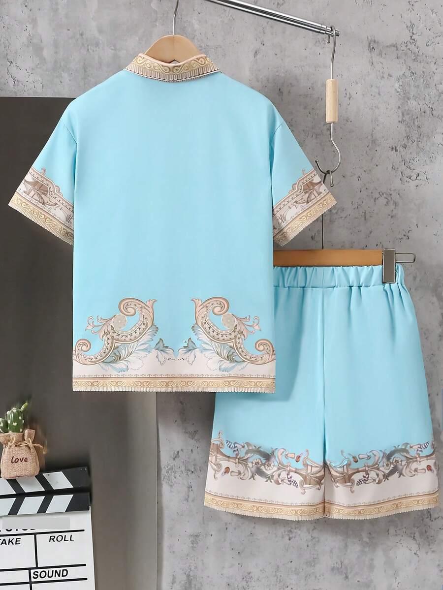 2pcs Big Boys Baroque Print Shirt & Shorts Set - Aqua | 21 Century ...