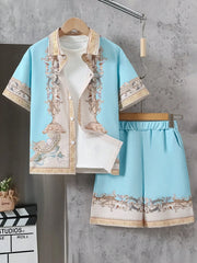 2pcs Big Boys Baroque Print Shirt & Shorts Set - Aqua | 21 Century ...