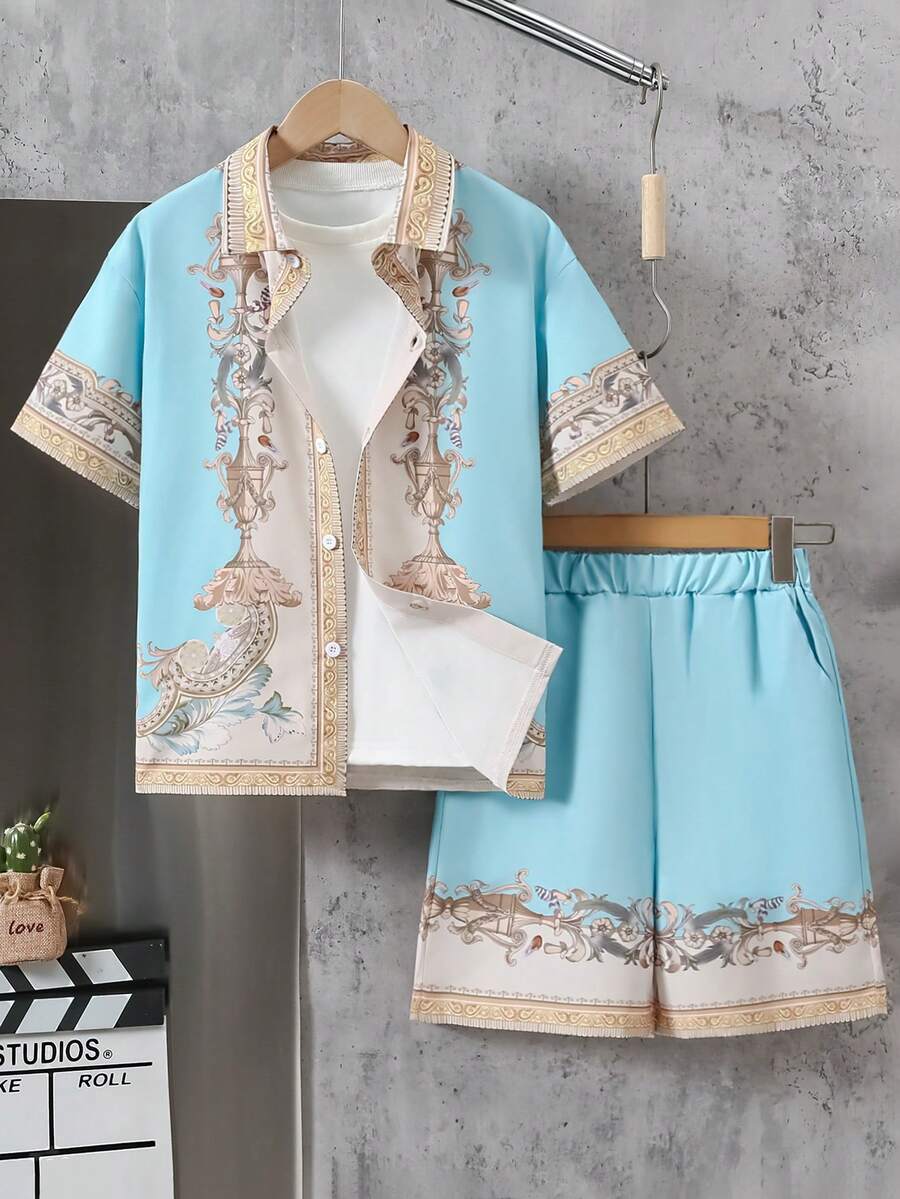 2pcs Big Boys Baroque Print Shirt & Shorts Set - Aqua | 21 Century ...