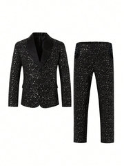 2pcs Big Boys Shiny Jacket & Trousers Suit - Midnight Black