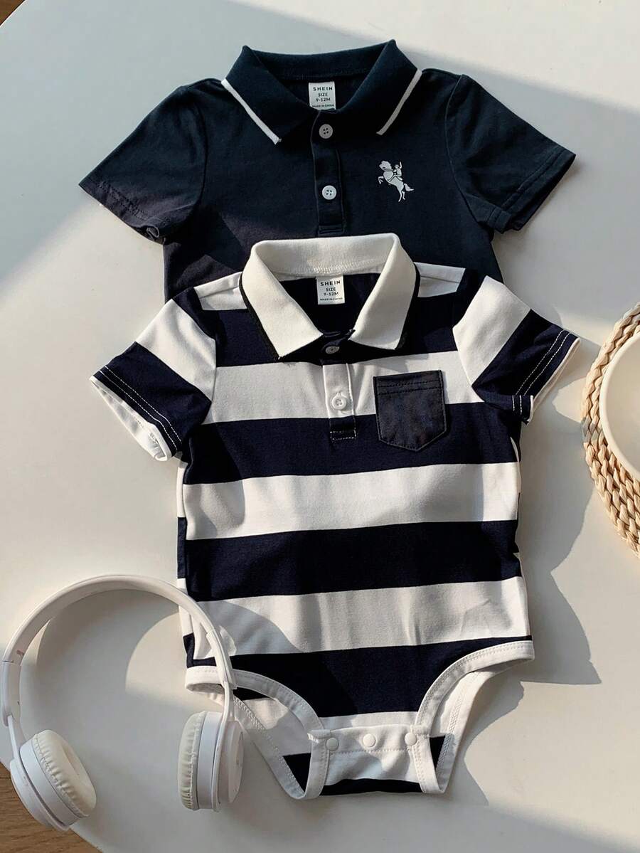 Baby Boys Polo Stripe Bodysuit Set - Midnight