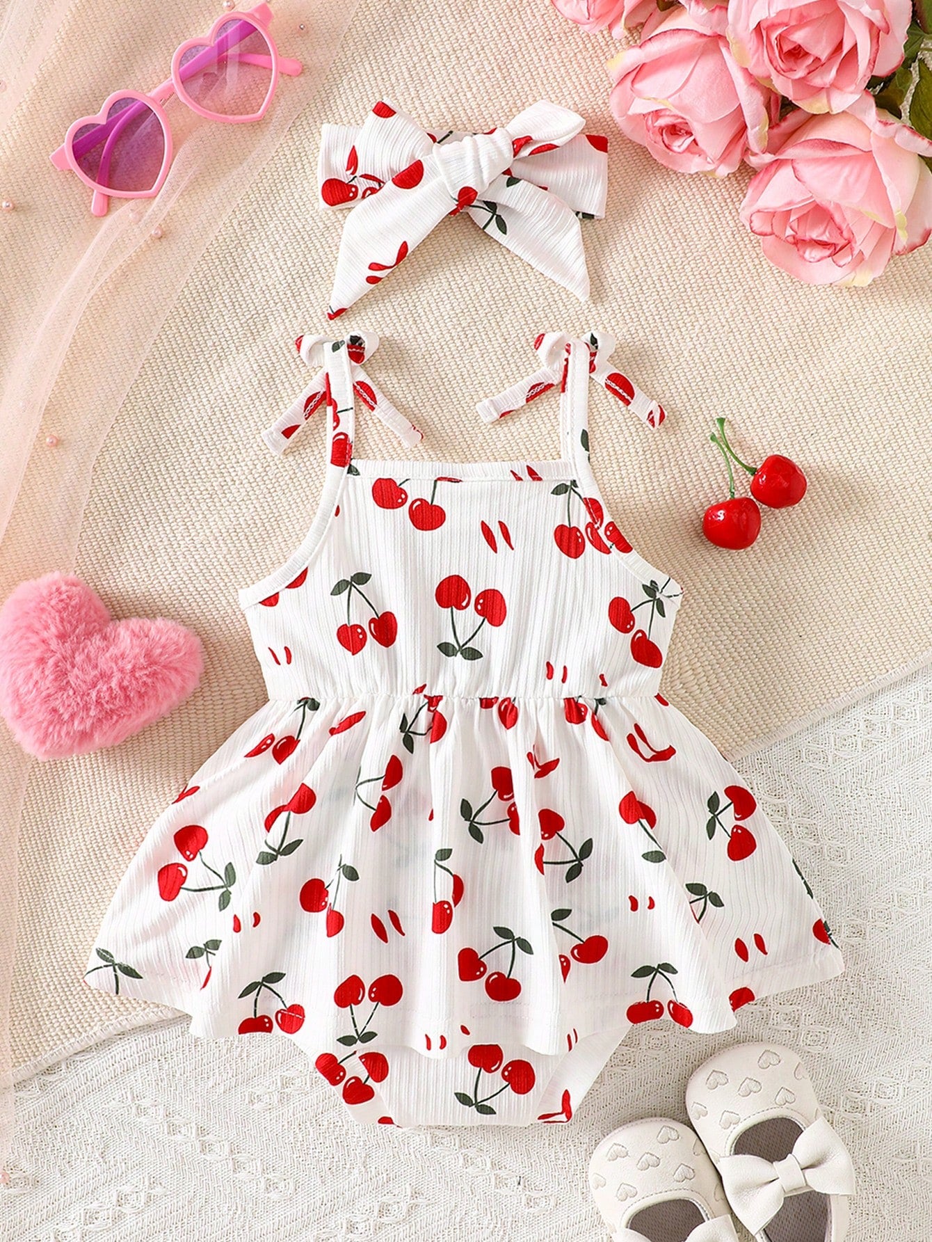 Baby Girls Cherry Print Ruffle Romper Dress Set - Isabelline