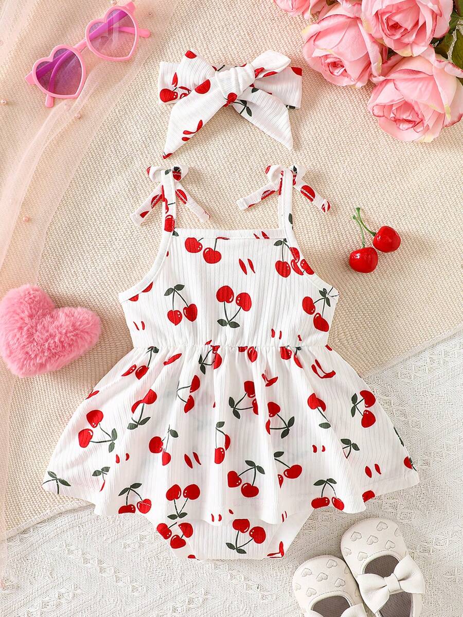 Baby Girls Cherry Print Ruffle Romper Dress Set - Isabelline