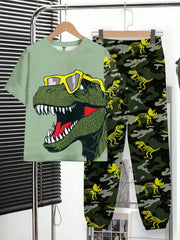 2pcs Big Boys Dinosaur Graffiti Tee & Pants Set - Sage Green