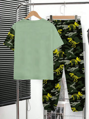 2pcs Big Boys Dinosaur Graffiti Tee & Pants Set - Sage Green