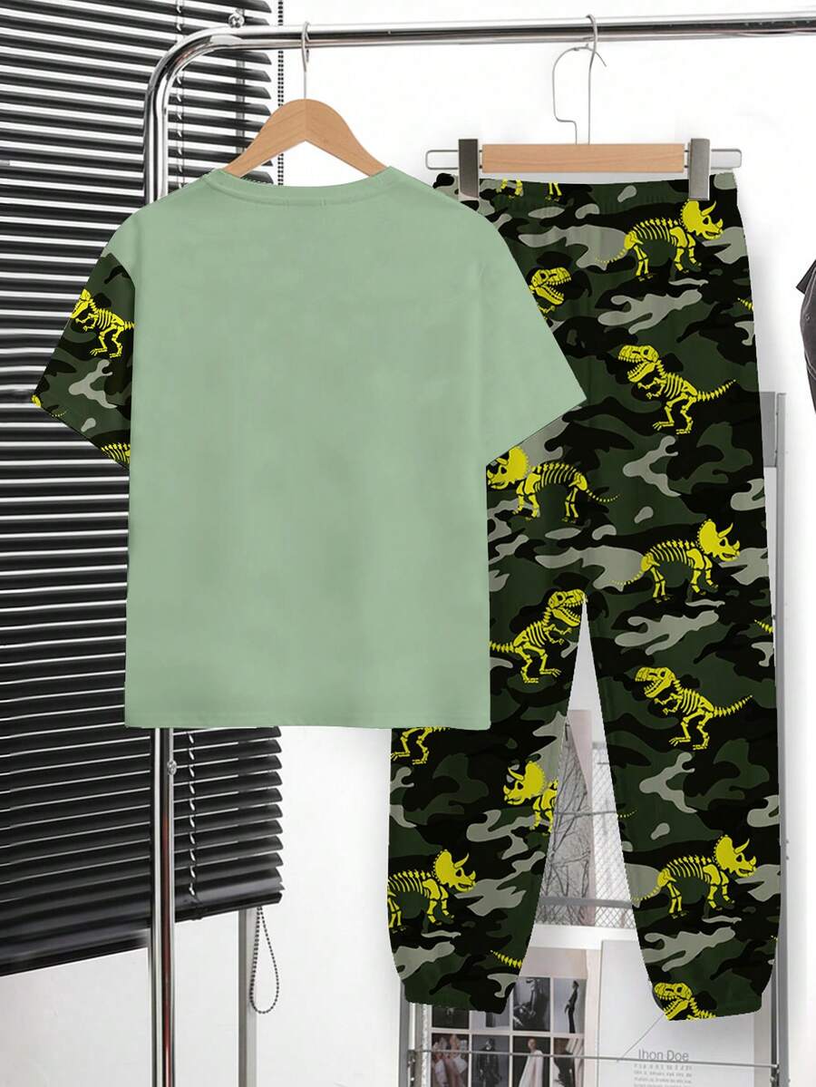 2pcs Big Boys Dinosaur Graffiti Tee & Pants Set - Sage Green