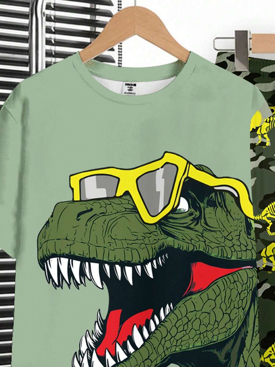 2pcs Big Boys Dinosaur Graffiti Tee & Pants Set - Sage Green