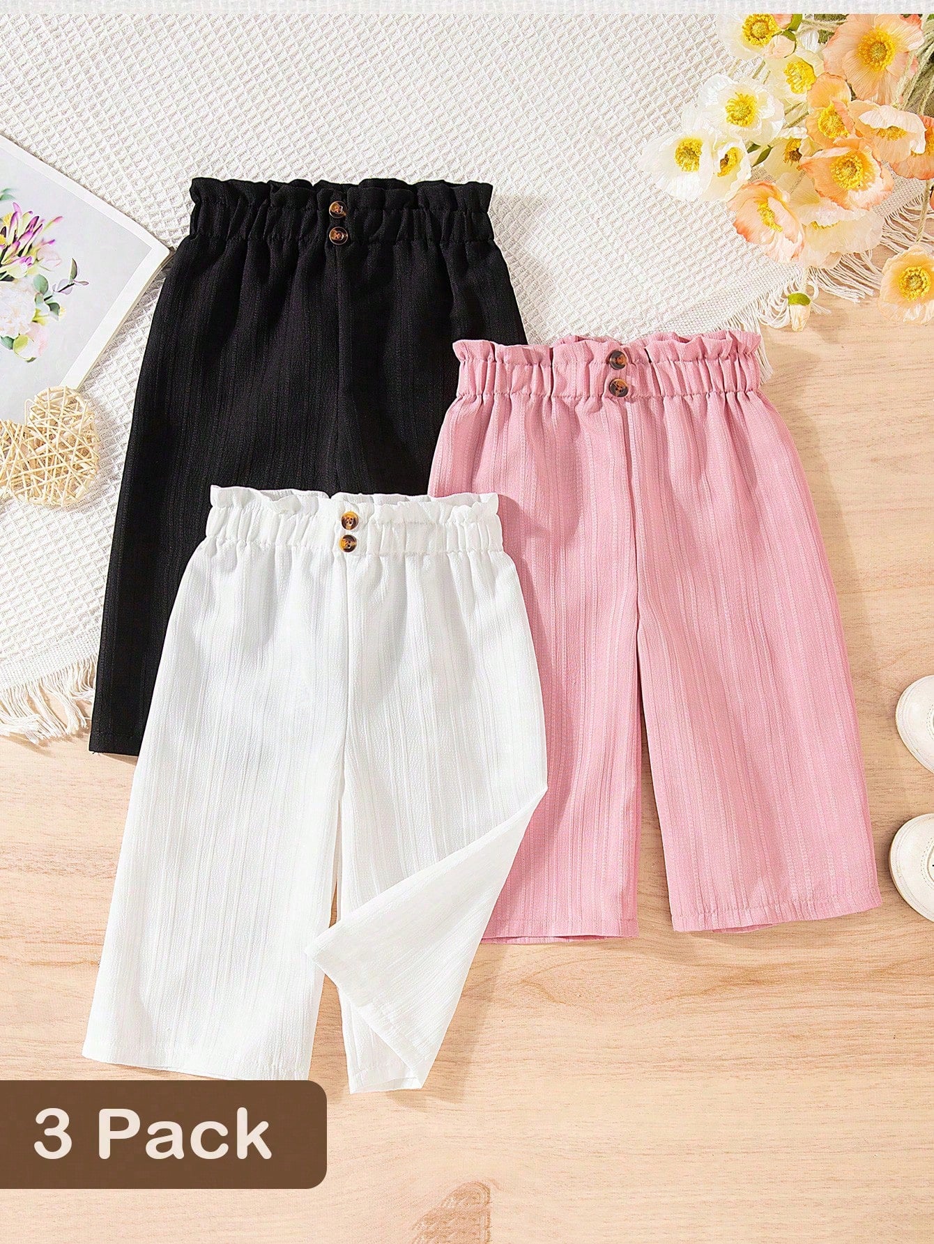 3pcs Girls Paper-Bag Waist Wide-Leg Pants Set - Blush | 21 Century ...