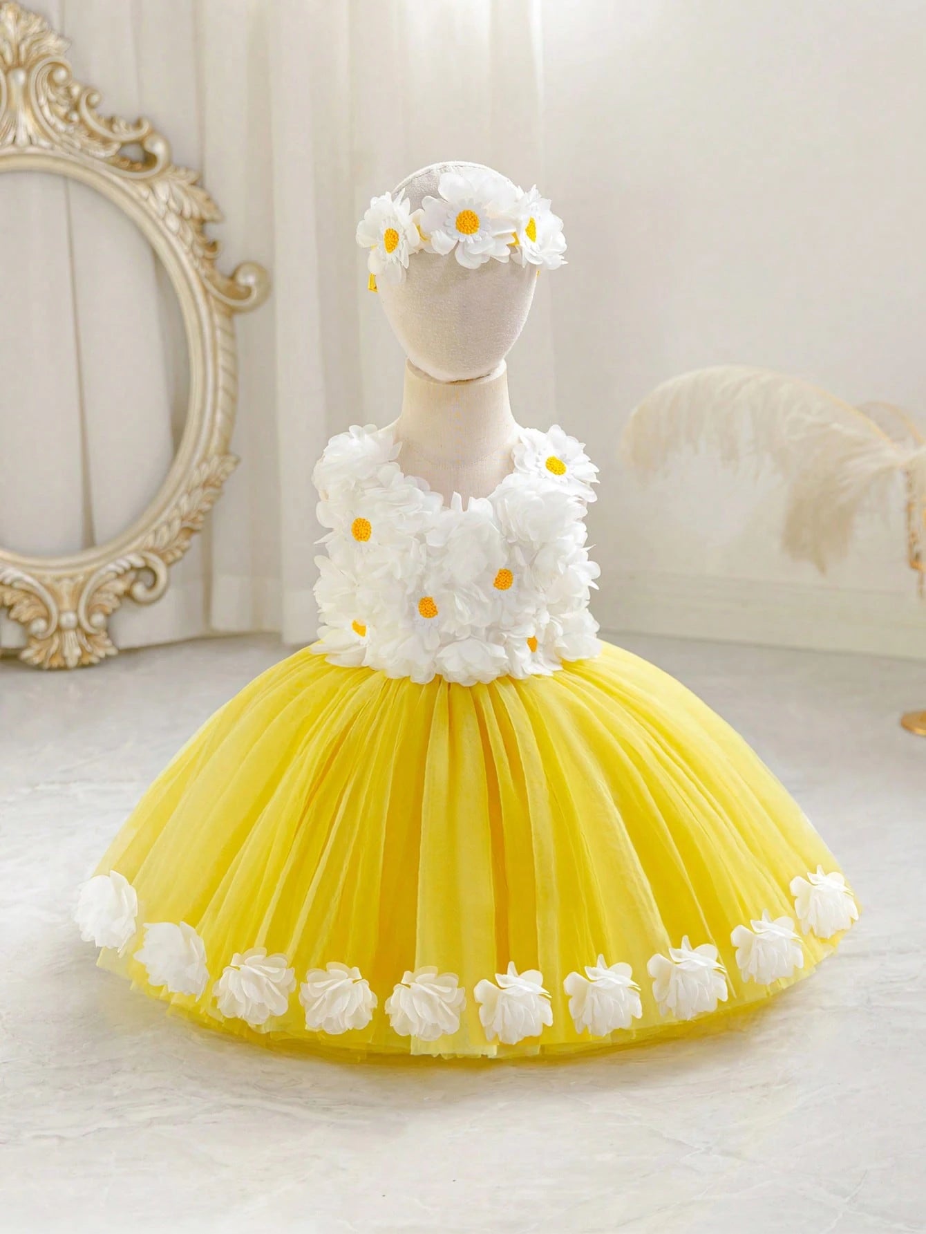 2pcs Girls Daisy Appliqué Tulle Ball Gown & Headband - Buttercup | ...