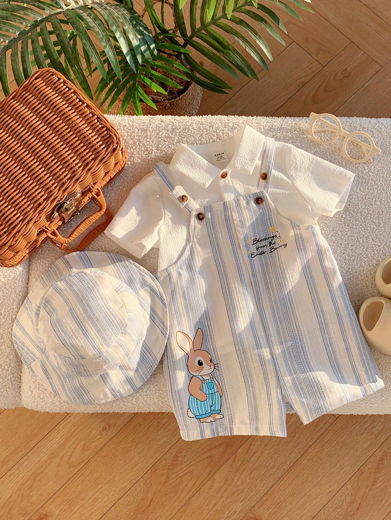 2pcs Boys Easter Bunny Striped Dungaree Shorts & Hat Set - Ivory | ...