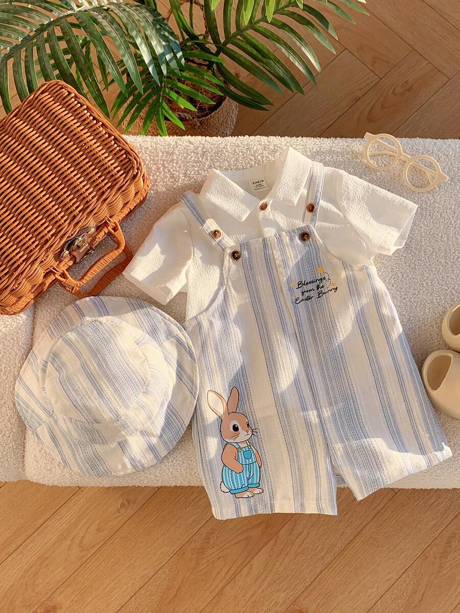 2pcs Boys Easter Bunny Striped Dungaree Shorts & Hat Set - Ivory | ...