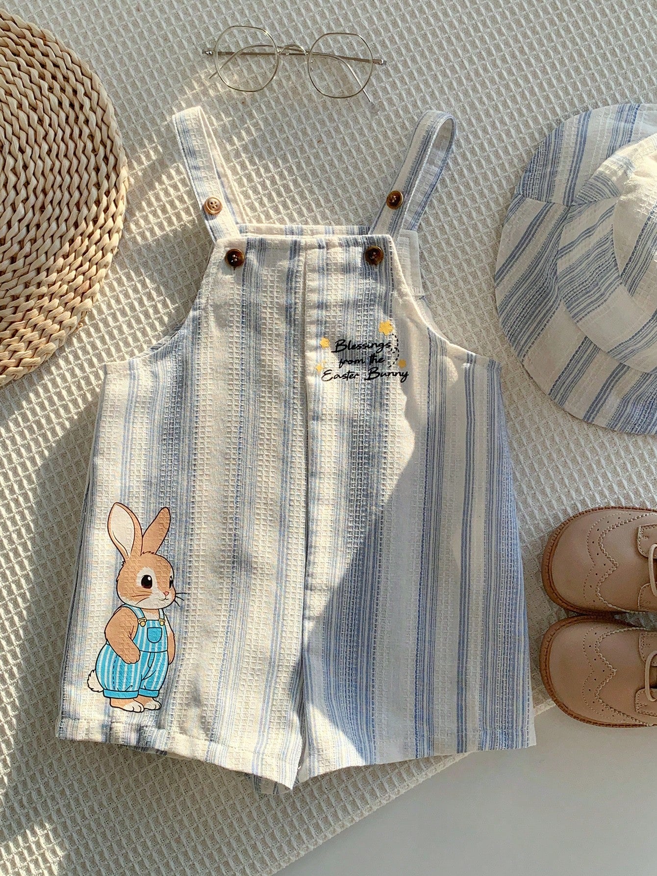 2pcs Boys Easter Bunny Striped Dungaree Shorts & Hat Set - Ivory | ...