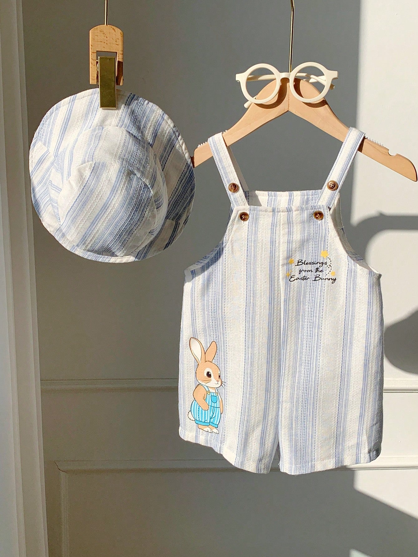 2pcs Boys Easter Bunny Striped Dungaree Shorts & Hat Set - Ivory | ...