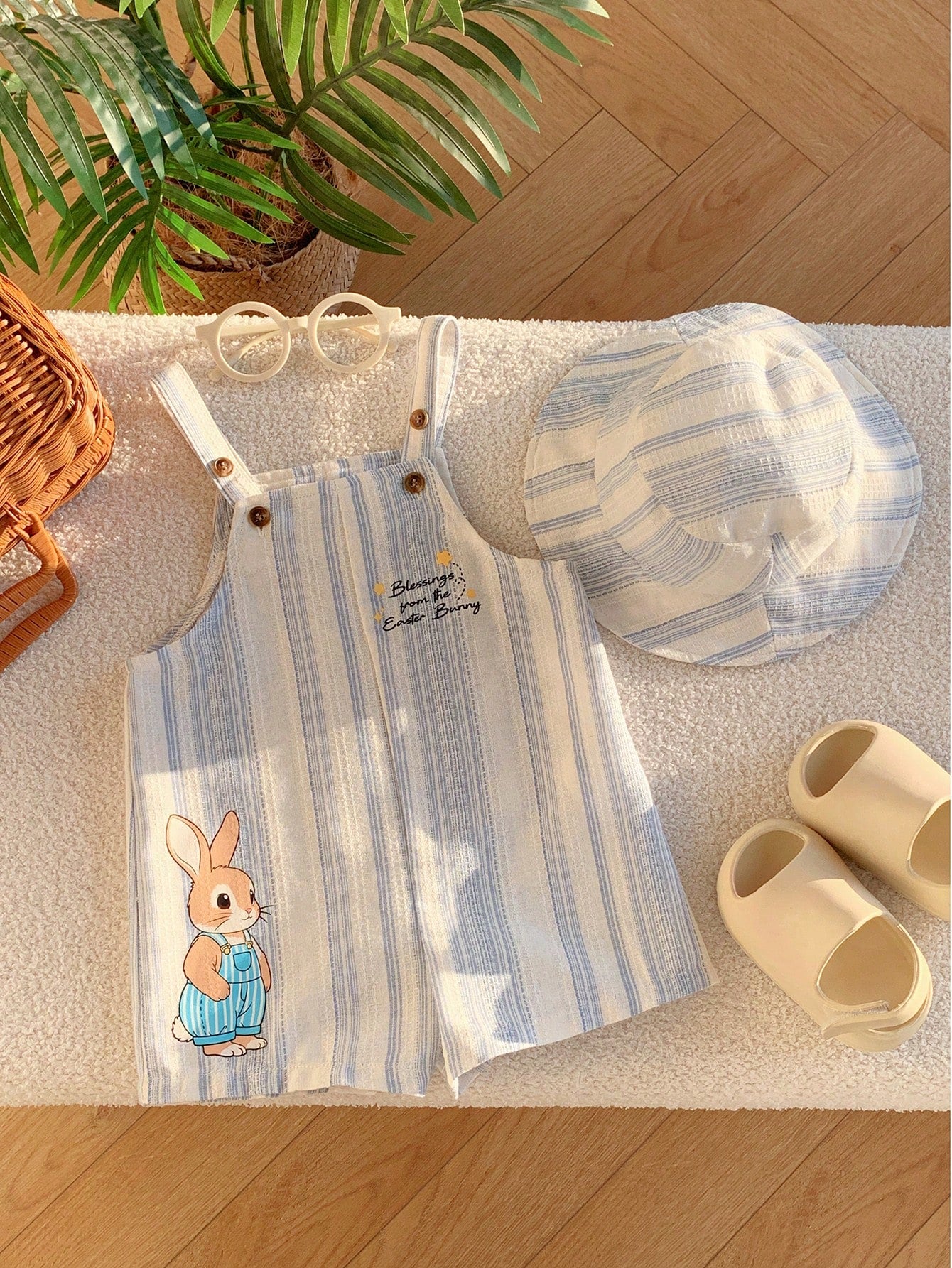 2pcs Boys Easter Bunny Striped Dungaree Shorts & Hat Set - Ivory | ...