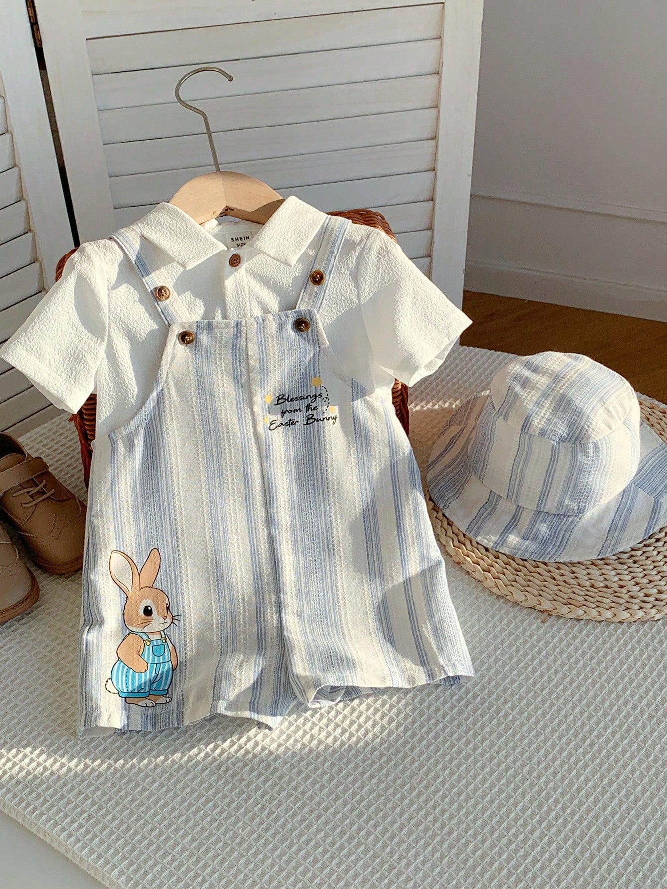 2pcs Boys Easter Bunny Striped Dungaree Shorts & Hat Set - Ivory | ...