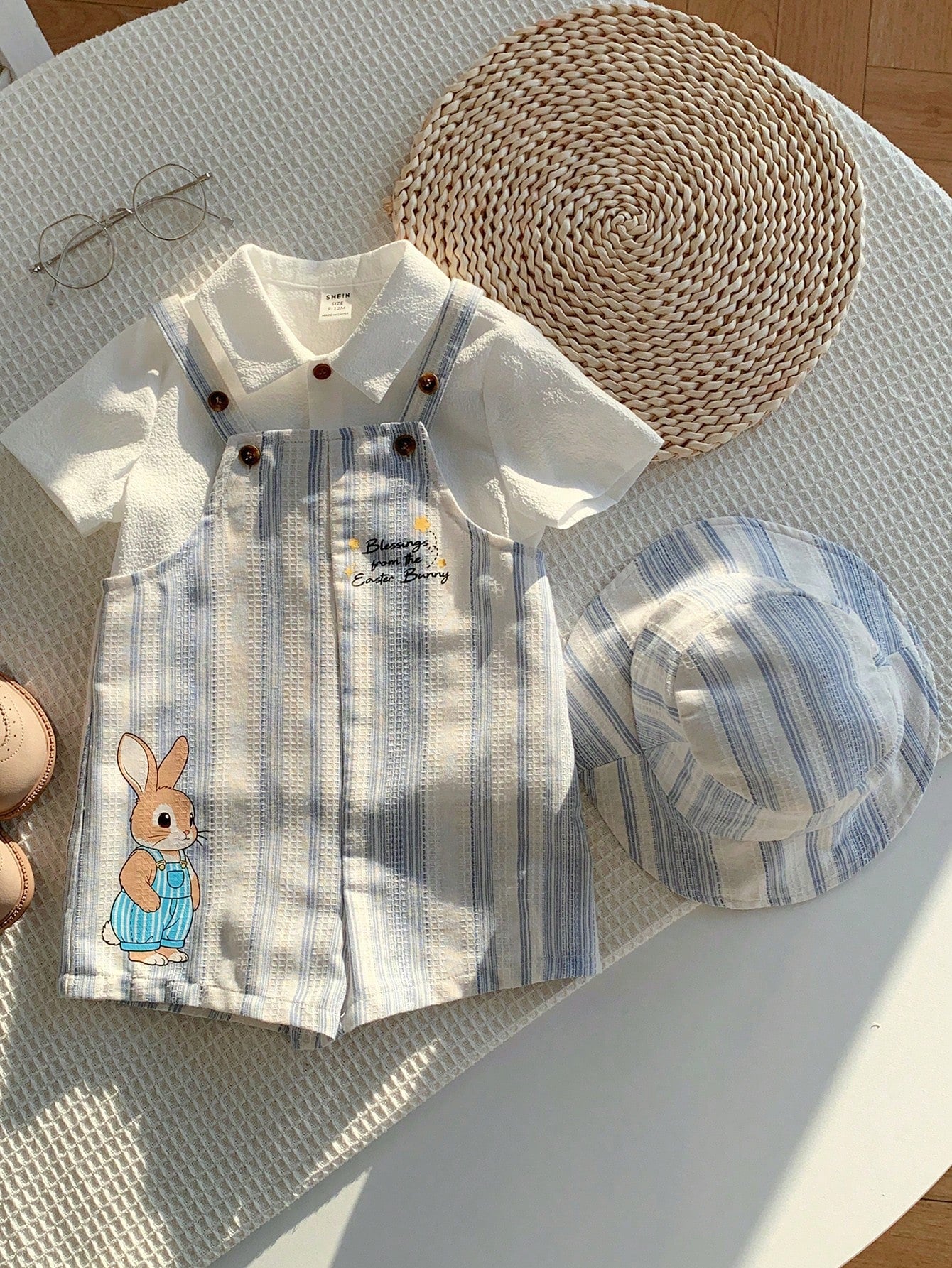 2pcs Boys Easter Bunny Striped Dungaree Shorts & Hat Set - Ivory | ...