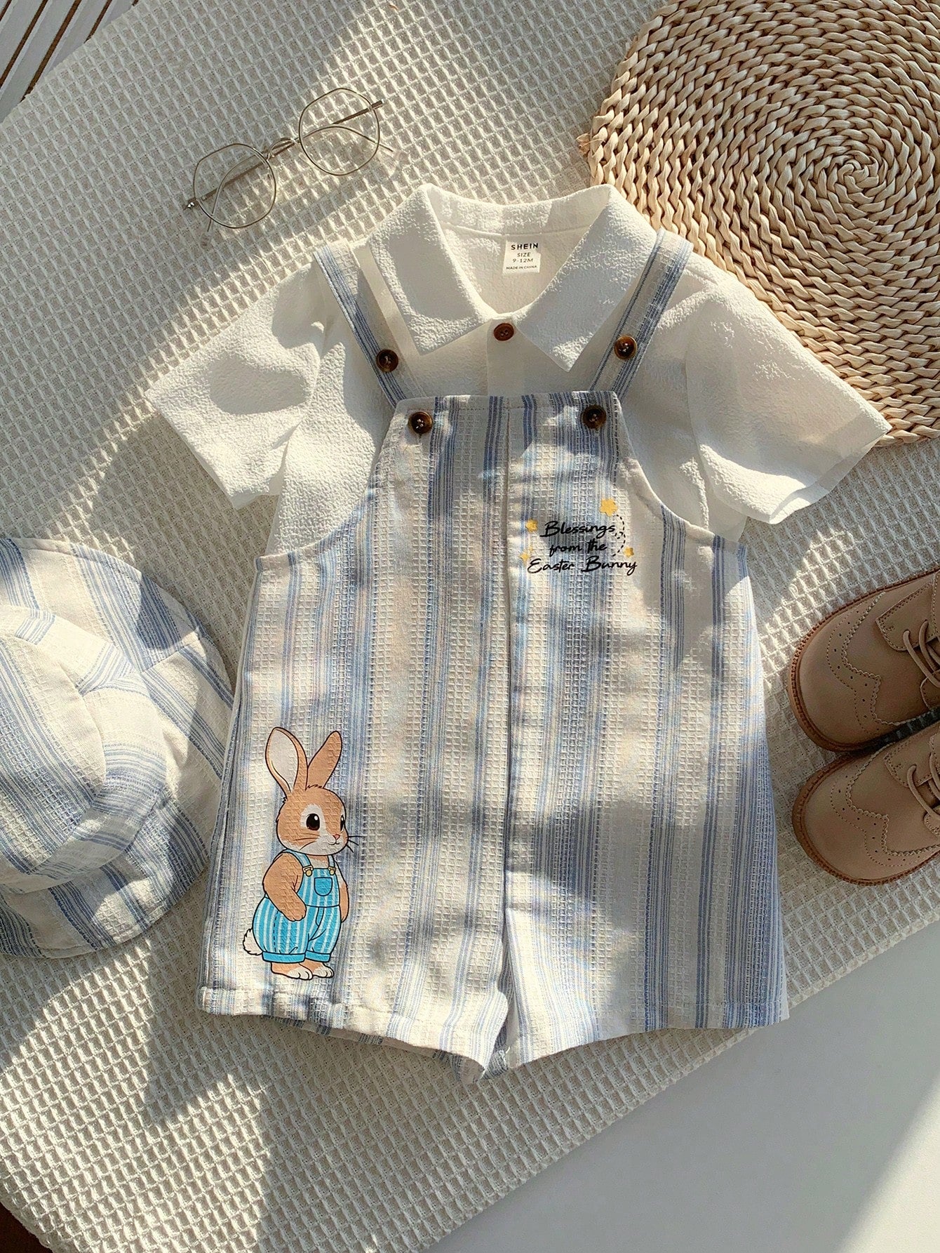 2pcs Boys Easter Bunny Striped Dungaree Shorts & Hat Set - Ivory | ...
