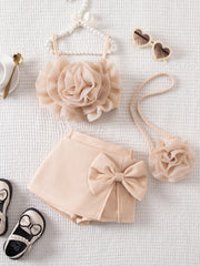 3pcs Girls Floral Appliqué Cami Top & Bow Shorts Set - Champagne | ...