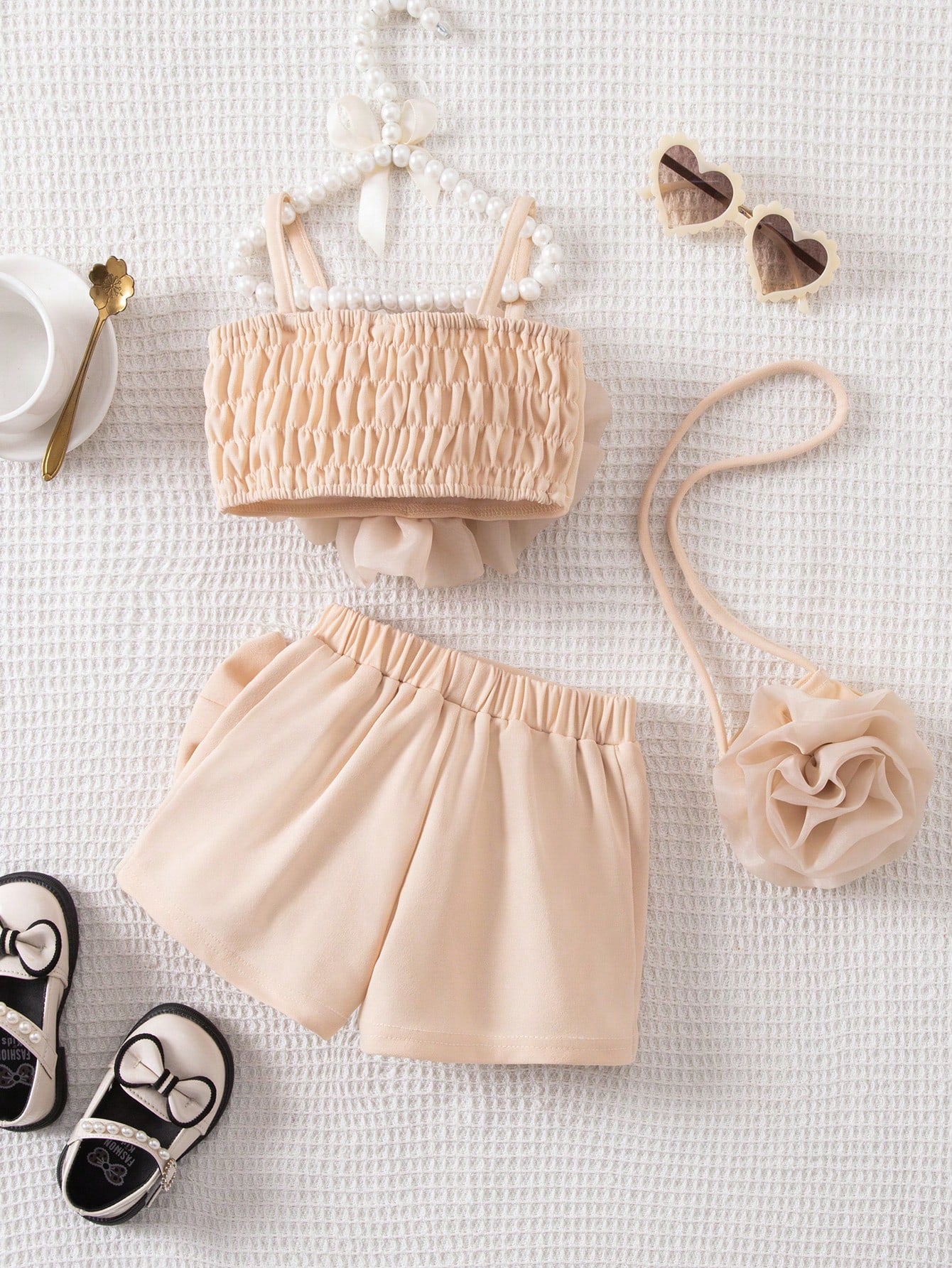 3pcs Girls Floral Appliqué Cami Top & Bow Shorts Set - Champagne | ...