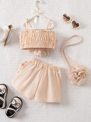 3pcs Girls Floral Appliqué Cami Top & Bow Shorts Set - Champagne | ...