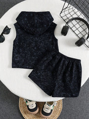 Boys New York Letter Print Hooded Vest & Shorts Set - Onyx
