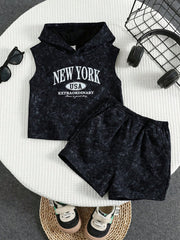 Boys New York Letter Print Hooded Vest & Shorts Set - Onyx