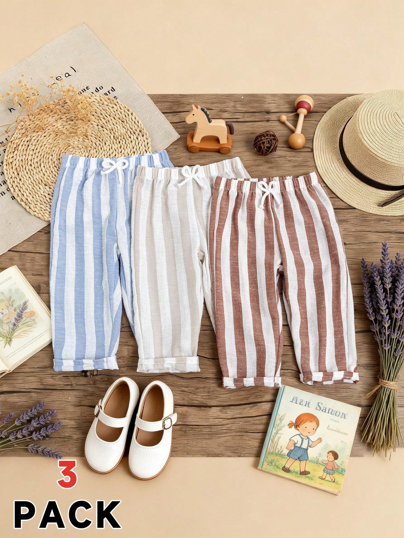 3pcs Boys Vertical Stripe Linen Tapered Trousers - Isabelline | 21 ...
