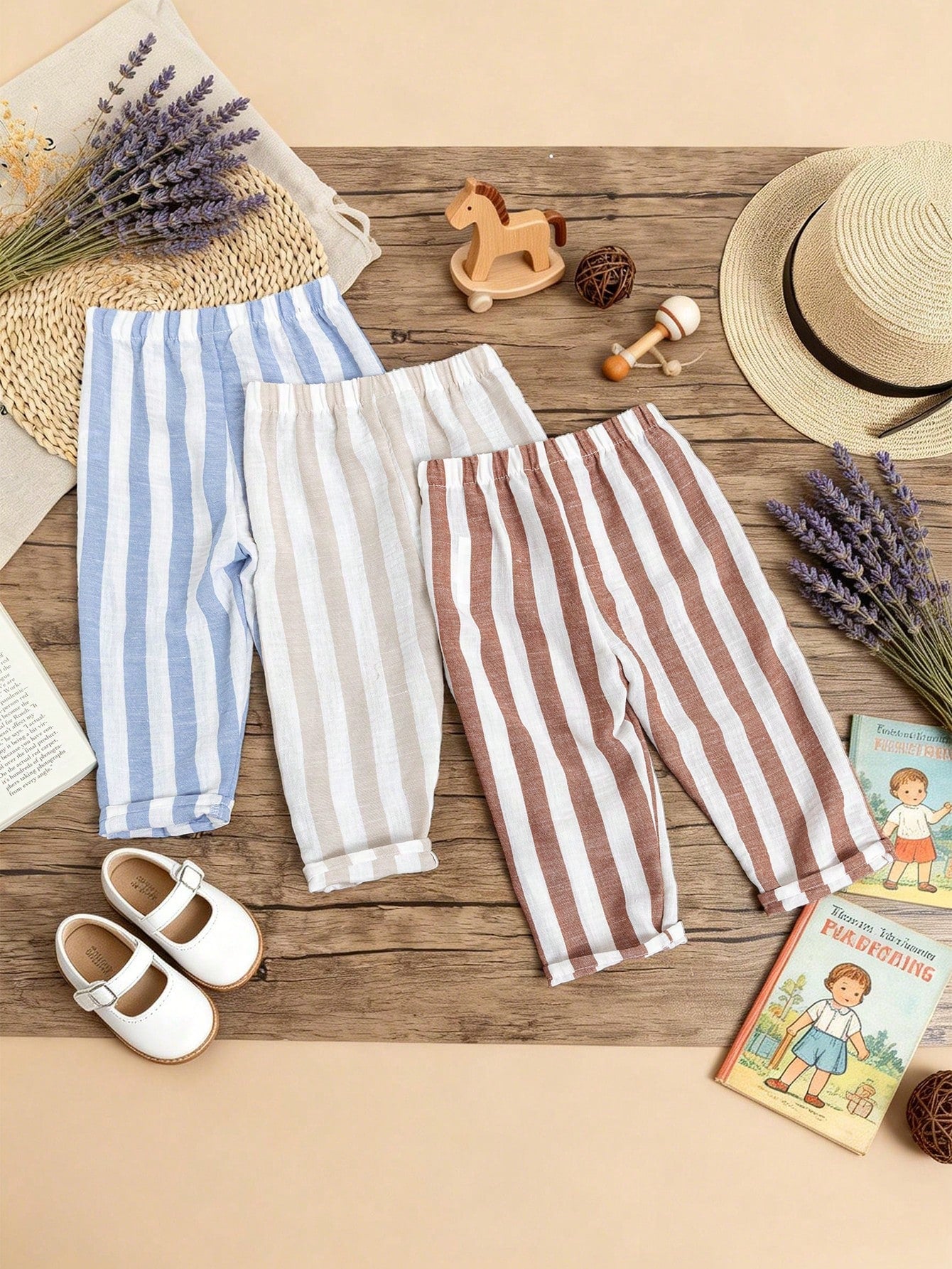 3pcs Boys Vertical Stripe Linen Tapered Trousers - Isabelline | 21 ...