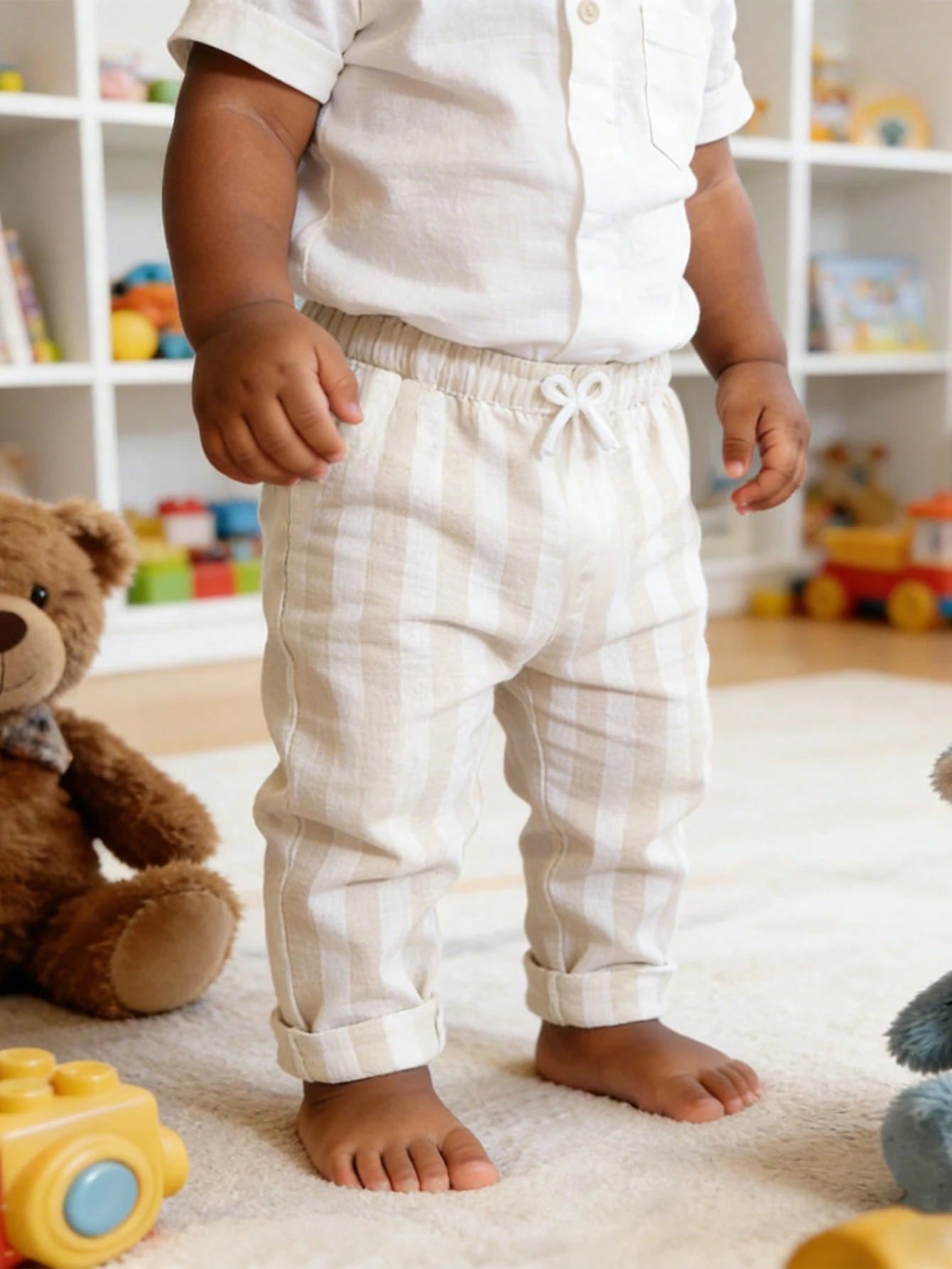 3pcs Boys Vertical Stripe Linen Tapered Trousers - Isabelline | 21 ...