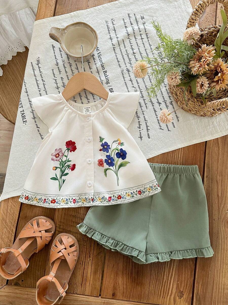 Girls Floral Embroidered Ruffle Top & Shorts Set - Ivory