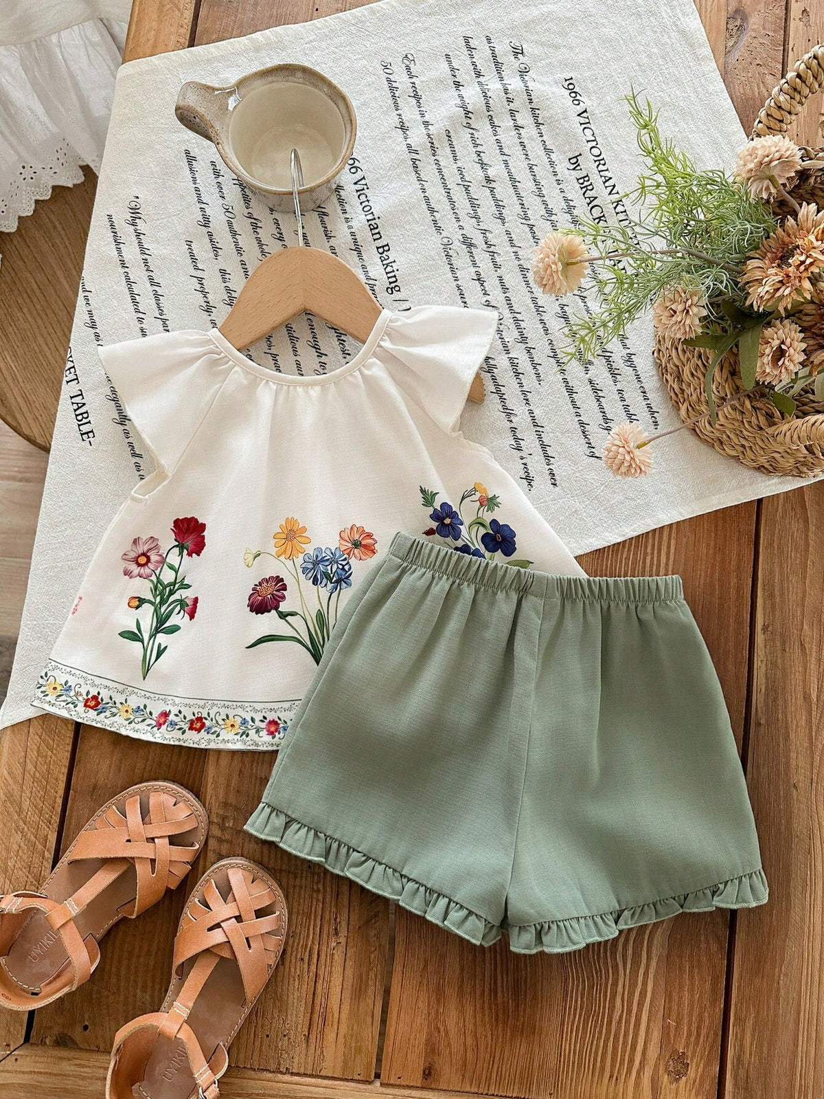 Girls Floral Embroidered Ruffle Top & Shorts Set - Ivory
