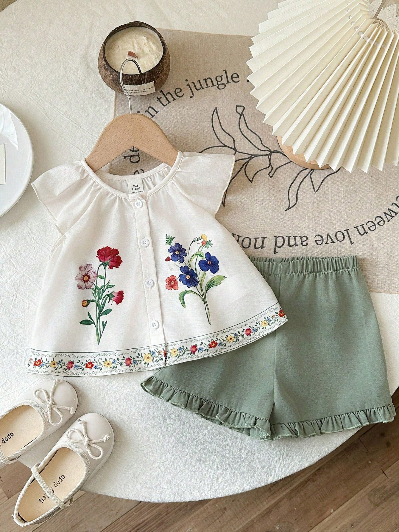 Girls Floral Embroidered Ruffle Top & Shorts Set - Ivory